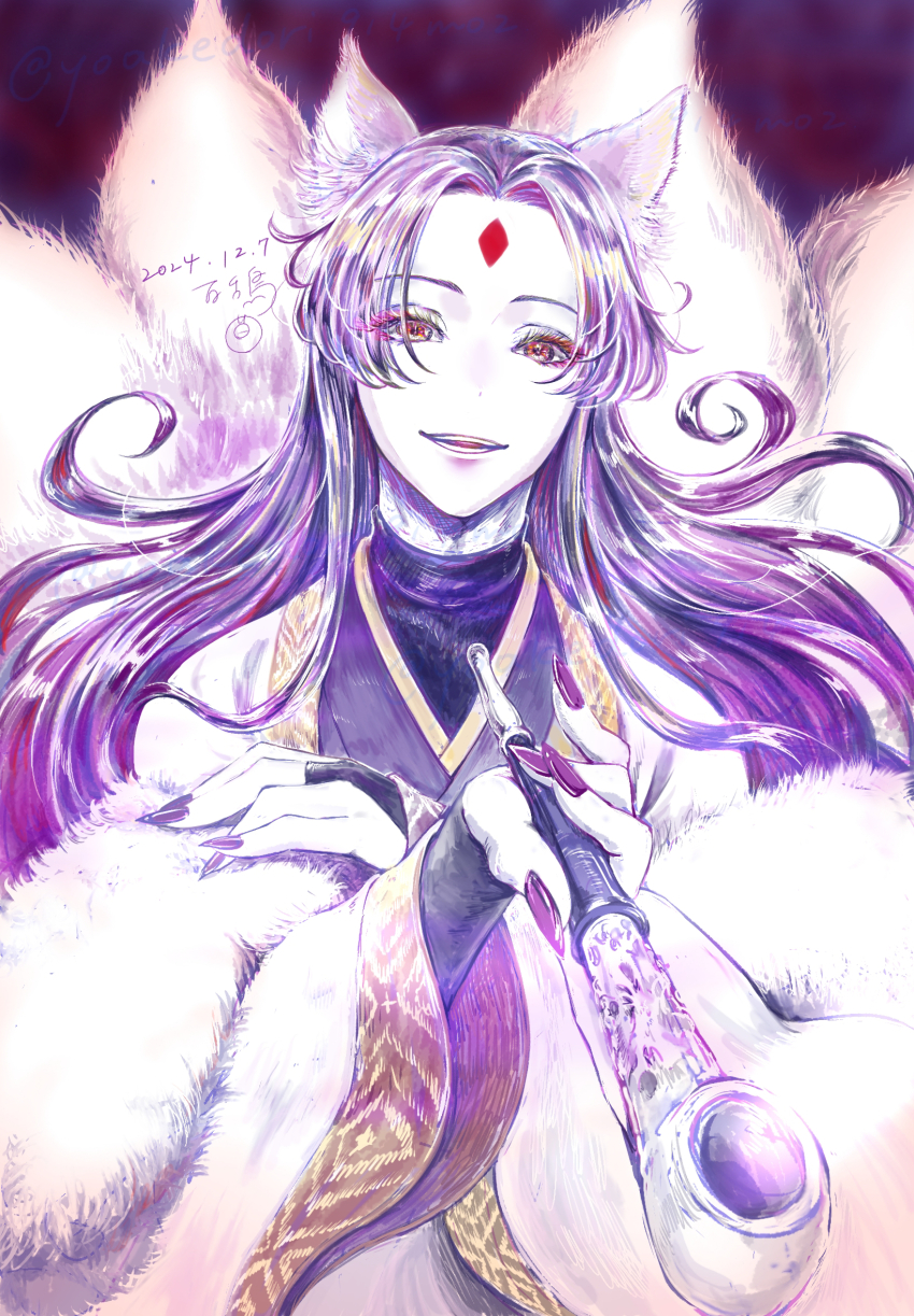 1boy :d animal_ears artist_name blurry blurry_background dated facial_mark forehead_mark foreshortening fox_ears fox_tail highres holding holding_smoking_pipe jinshi_(kusuriya_no_hitorigoto) kiseru kitsune kusuriya_no_hitorigoto kyuubi long_hair male_focus multiple_tails open_mouth pale_skin purple_hair purple_nails red_eyes smile smoking_pipe solo tail yoakedori914moz