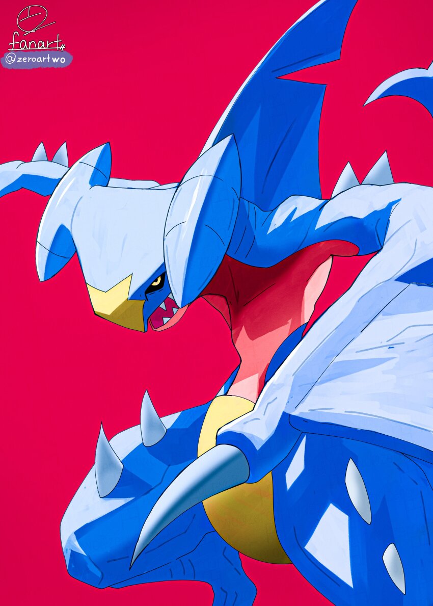 absurdres black_sclera claws colored_sclera commentary fighting_stance fins garchomp gen_4_pokemon highres looking_at_viewer nintendo no_humans pokemon pokemon_(creature) red_background sharp_teeth simple_background solo spikes symbol-only_commentary teeth zeroartwo