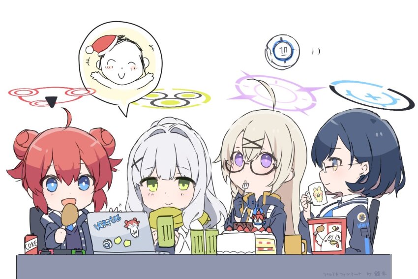 4girls :d ahoge artist_name black-framed_eyewear black_jacket blonde_hair blue_archive blue_eyes blue_hair blue_halo blue_jacket blue_necktie blue_sweater_vest bucket_of_chicken cake can chicken_(food) chihiro_(blue_archive) closed_mouth computer cup desk double_bun drink_can drone energy_drink food fork fried_chicken glasses green_eyes green_halo green_scarf grey_hair hair_bun halo hand_up hare_(blue_archive) headphones headphones_around_neck holding holding_cup holding_fork jacket kotama_(blue_archive) laptop long_hair maki_(blue_archive) mochigome_(ununquadium) monster_energy multicolored_jacket multiple_girls nazomaki_(blue_archive) necktie open_clothes open_jacket open_mouth peroro_(blue_archive) purple_eyes purple_halo red_hair red_halo scarf semi-rimless_eyewear shirt short_hair smile soda_can sweater_vest two-tone_jacket under-rim_eyewear veritas_(blue_archive) white_jacket white_shirt