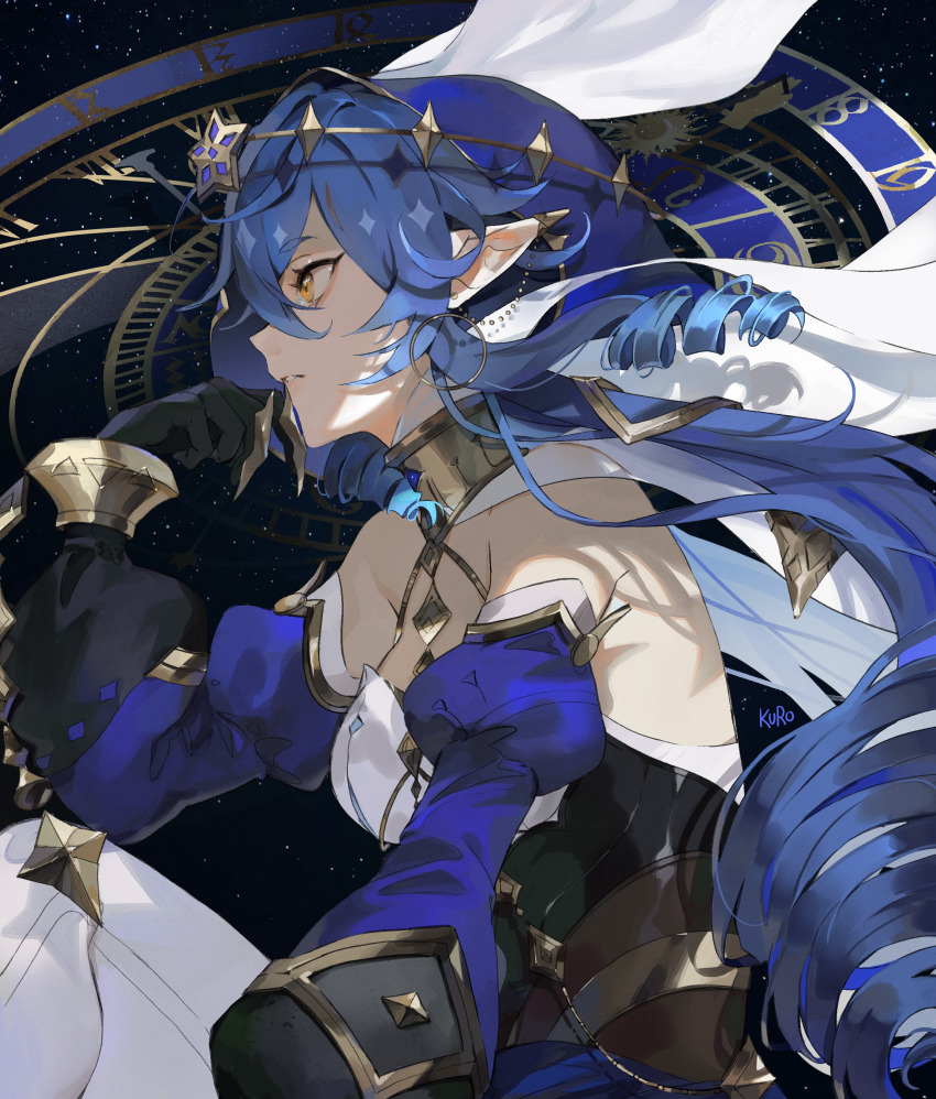 1girl absurdres bags_under_eyes bare_shoulders black_background black_gloves blue_hair blue_hood blue_sleeves detached_sleeves drill_hair drill_sidelocks from_side genshin_impact gloves gold_choker hair_between_eyes highres hood hood_up jewelry juliet_sleeves kamui_(kurohshiro1) layla_(genshin_impact) long_sleeves neck_ring pantyhose pointy_ears puffy_sleeves sidelocks solo twin_drills white_pantyhose yellow_eyes