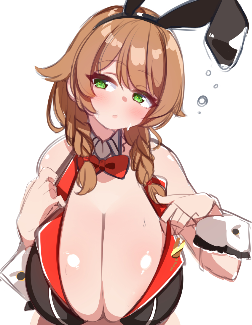 1girl animal_ear_hairband animal_ears artist_request black_hairband black_shirt blush bow bowtie braid breasts brown_hair bunny_garden cleavage crop_top detached_collar fake_animal_ears green_eyes hair_over_shoulder hair_tie hairband huge_breasts kana_(bunny_garden) lips medium_hair rabbit_ear_hairband rabbit_ears shirt solo sweat twin_braids white_background wrist_cuffs yu_(hutomayu)