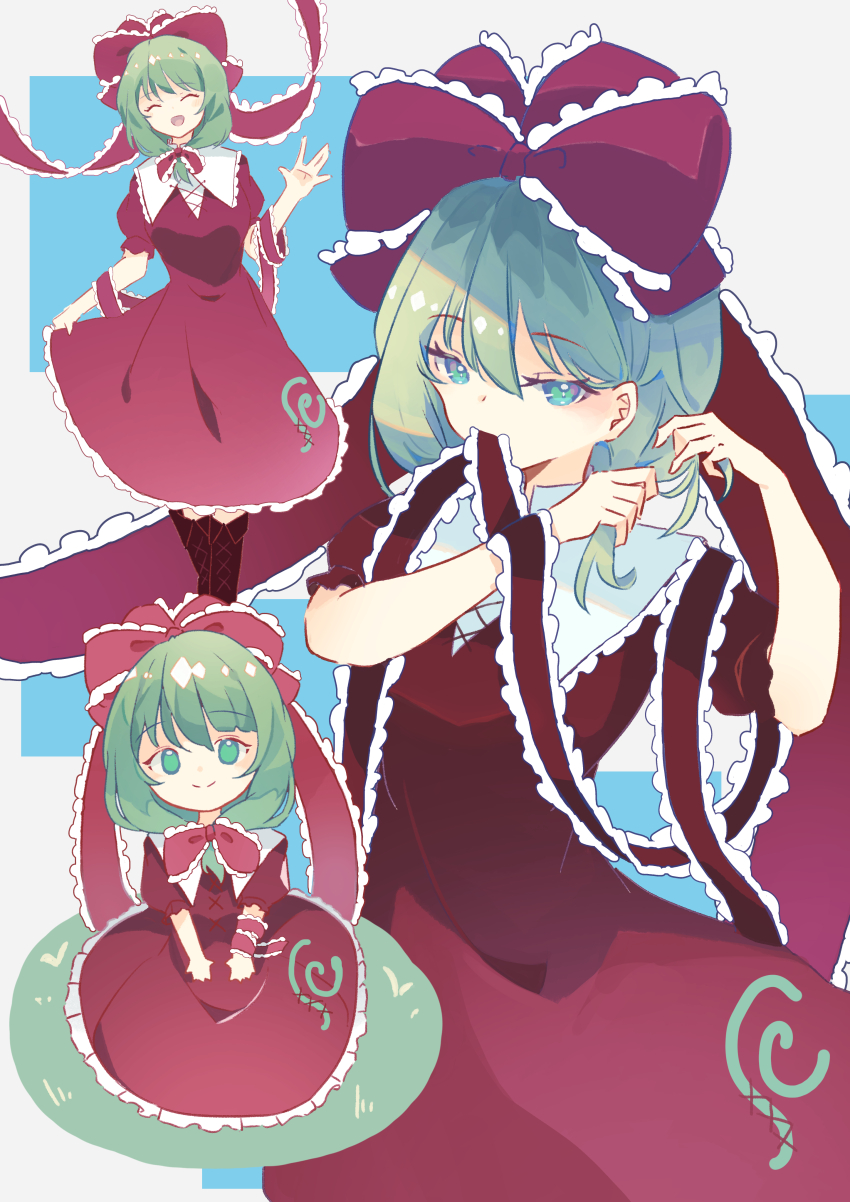 1girl absurdres boots bow chibi commission dress frilled_bow frilled_dress frills front_ponytail green_eyes grey_hair hair_ribbon highres hinataku1222 kagiyama_hina lifting_own_clothes looking_at_viewer mouth_hold multiple_views red_dress red_ribbon ribbon ribbon_in_mouth skeb_commission smile touhou