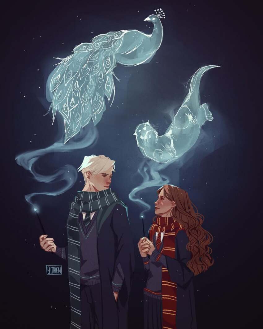 1boy 1girl artist_logo artist_name bird blonde_hair brown_hair closed_mouth couple curly_hair dark_background draco_malfoy elithien eye_contact gryffindor harry_potter_(series) hermione_granger highres light_smile logo looking_at_another magic otter peacock school_uniform slytherin wand wizarding_world
