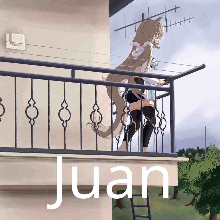1girl absurdres animal_ears ass balcony belt bike_shorts bike_shorts_under_skirt biscotti_(vtuber) black_shorts breasts checkered_clothes checkered_skirt chest_strap cropped_hoodie facing_away fyretrck26 gloves highres hood hoodie horse_ears horse_girl juan_(meme) long_hair meme multicolored_hair multicolored_skirt orange_belt orange_gloves scene_reference scrunchie shorts shorts_under_skirt skirt solo streaked_hair tail thighhighs two-tone_gloves v4mirai virtual_youtuber white_hair white_hoodie white_scrunchie