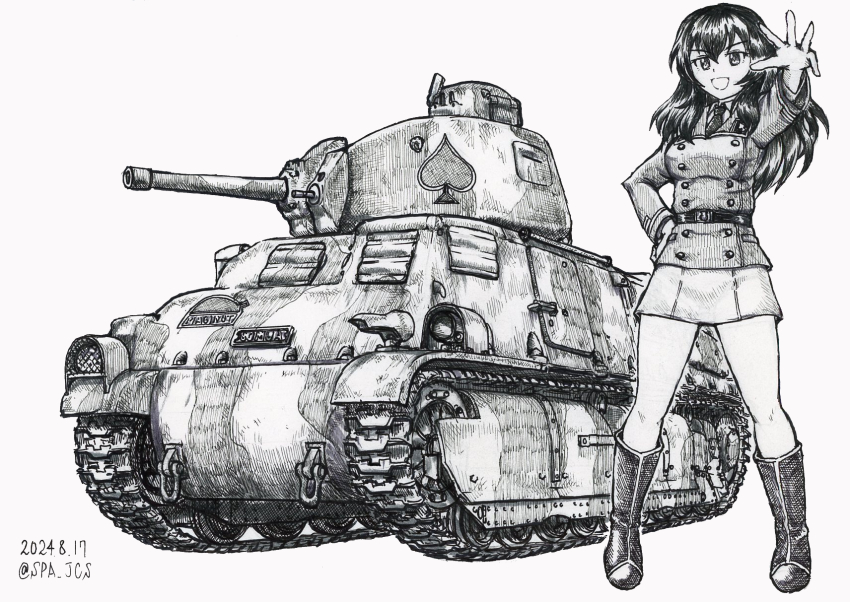 1girl boots collared_shirt commentary_request eclair_(girls_und_panzer) full_body girls_und_panzer girls_und_panzer_gekitou!_maginot-sen_desu!! graphite_(medium) hand_on_own_hip highres jacket long_hair maginot_military_uniform military_vehicle motor_vehicle necktie nspa_(spa-jcs) pencil_skirt reaching reaching_towards_viewer shirt sketch skirt somua_s35 spade_(shape) tank traditional_media