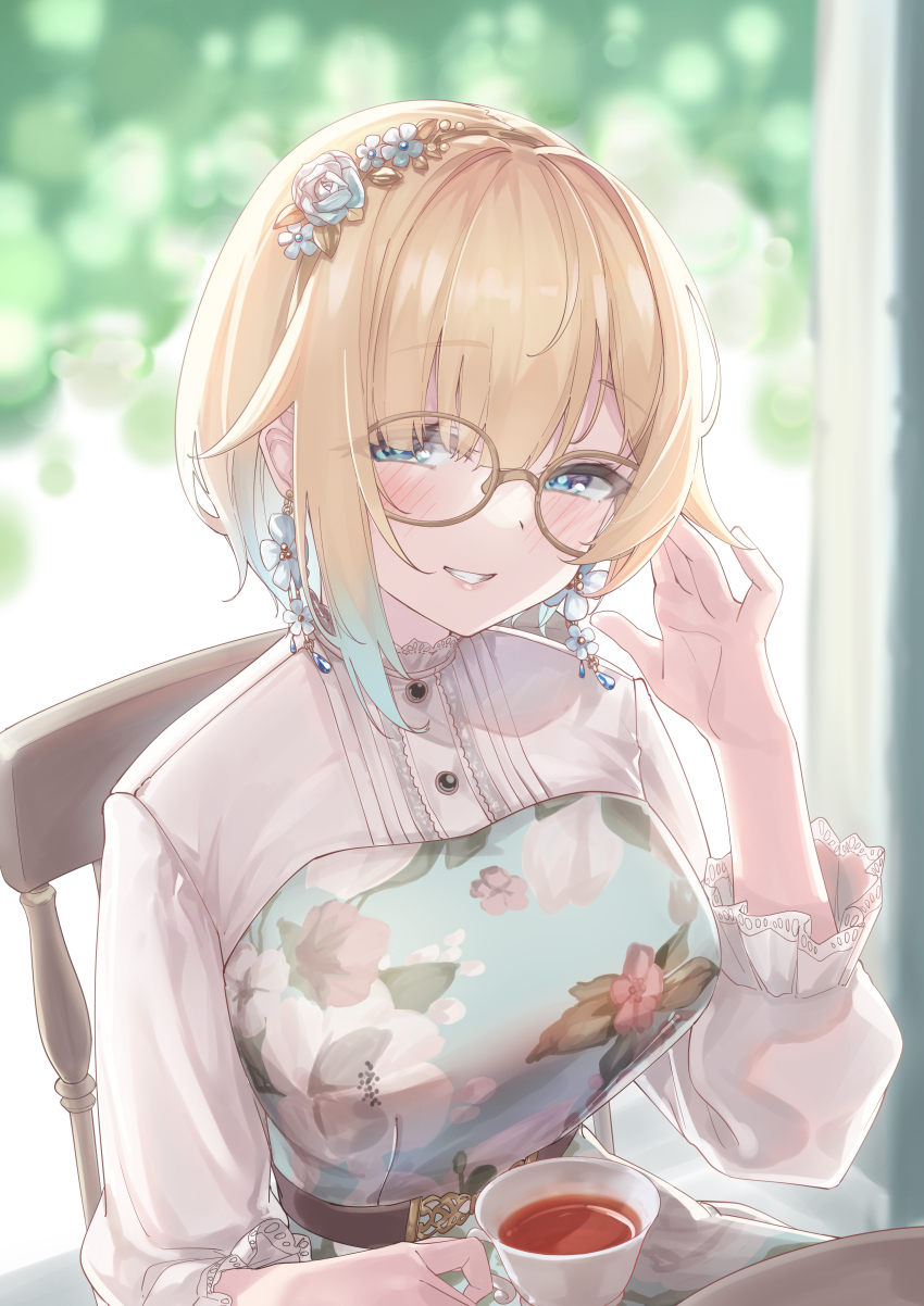 1girl absurdres aizawa_ema aizawa_ema_(3rd_costume) belt blonde_hair blue_eyes blush brown_belt chair collared_dress cup dress earrings floral_print flower flower_earrings glasses gradient_hair grin hair_flower hair_ornament highres jewelry kurumi_tsuchi lace-trimmed_collar lace-trimmed_sleeves lace_trim light_smile long_dress long_sleeves looking_at_viewer multicolored_hair parted_bangs puffy_long_sleeves puffy_sleeves short_hair sitting three-quarter_sleeves smile solo table tea teacup upper_body virtual_youtuber vspo!