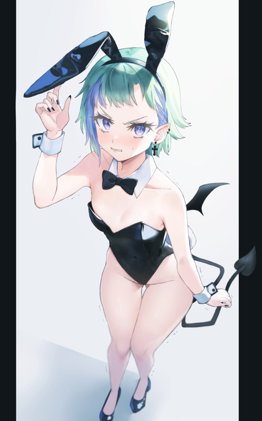 1girl animal_ears annoyed bare_arms bare_legs bare_shoulders black_bow black_bowtie black_leotard black_nails black_shoes blue_eyes blue_hair bow bowtie breasts clenched_teeth demon_girl demon_tail detached_collar fake_animal_ears fingernails from_above green_hair groin highres leotard looking_at_viewer mini_wings multicolored_hair original playboy_bunny shoes short_hair small_breasts solo strapless strapless_leotard tail teeth two-tone_hair wings wrist_cuffs yui_(msy1302mana)