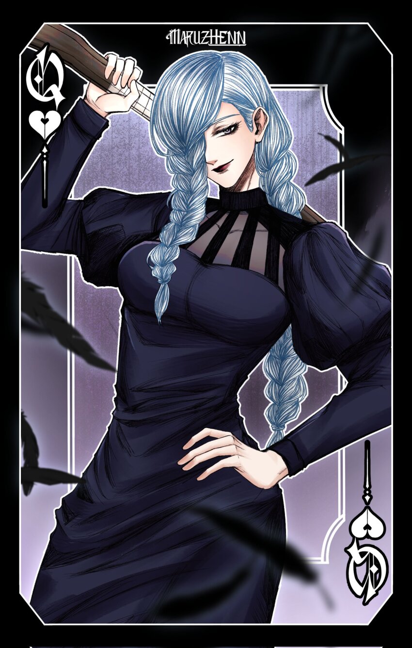 1girl artist_name axe black_border black_dress black_feathers border braid braided_bangs braided_ponytail breasts card dress feathers hair_over_face hair_over_one_eye heart highres holding holding_axe jujutsu_kaisen large_breasts long_hair long_sleeves looking_at_viewer maruzhenn mei_mei_(jujutsu_kaisen) one_eye_covered puffy_sleeves queen_(playing_card) queen_of_hearts_(playing_card) red_lips smile solo tight_clothes tight_dress turtleneck turtleneck_dress white_hair
