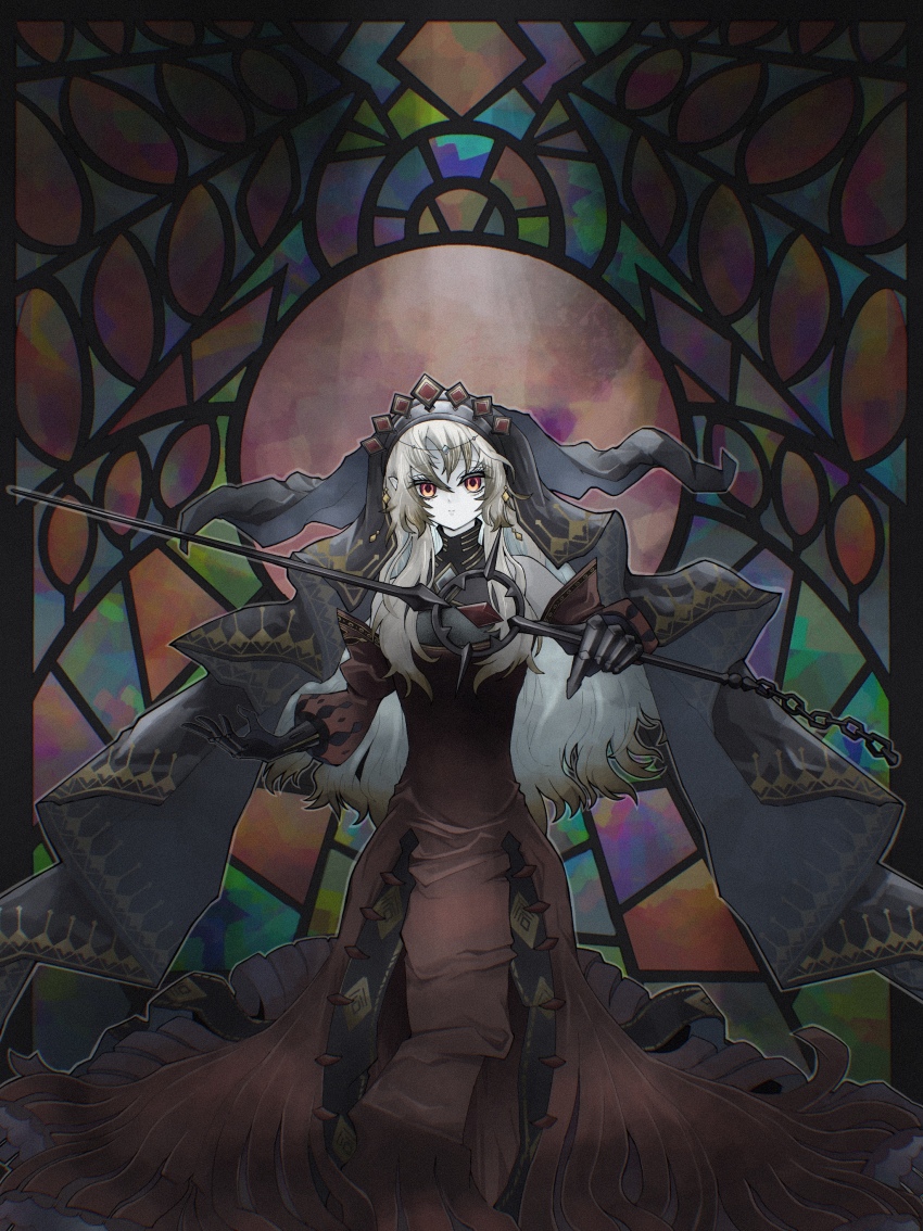 1girl absurdres black_tiara black_veil blazing_cartesia_the_virtuous breasts dress duel_monster ecclesia_(yu-gi-oh!) gem highres holding holding_sword holding_weapon long_hair looking_at_viewer red_dress red_eyes red_gemstone solo stained_glass sword tamatarou tiara veil weapon white_hair yu-gi-oh!