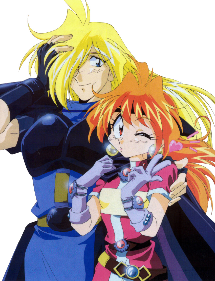 1990s_(style) 1boy 1girl absurdres araizumi_rui arm_around_neck armor blonde_hair blowing_kiss blue_eyes breasts gourry_gabriev hand_on_another&#039;s_shoulder heart height_difference highres lina_inverse long_hair looking_at_viewer official_art one_eye_closed orange_hair pink_lips red_eyes retro_artstyle slayers small_breasts smile v wink
