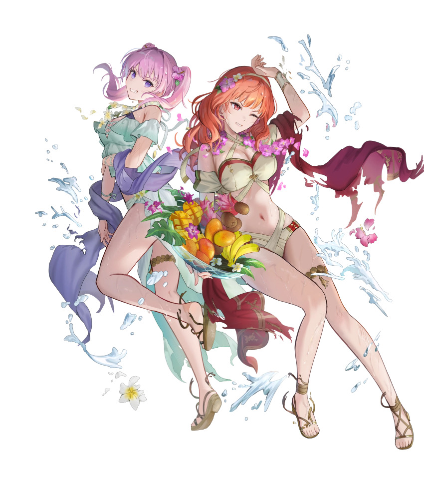 2girls bikini bowl breasts celica_(fire_emblem) celica_(summer)_(fire_emblem) cleavage clenched_teeth criss-cross_halter damaged fire_emblem fire_emblem:_the_blazing_blade fire_emblem_echoes:_shadows_of_valentia flower food fruit fruit_bowl hair_flower hair_ornament halterneck highres holding holding_bowl medium_breasts multiple_girls navel nintendo non-web_source official_alternate_costume official_art one_eye_closed pink_hair purple_eyes red_eyes red_hair red_shawl sandals sarong see-through_clothes see-through_sarong serra_(fire_emblem) serra_(summer)_(fire_emblem) shawl swimsuit teeth torn_clothes torn_swimsuit twintails white_bikini yellow_bikini