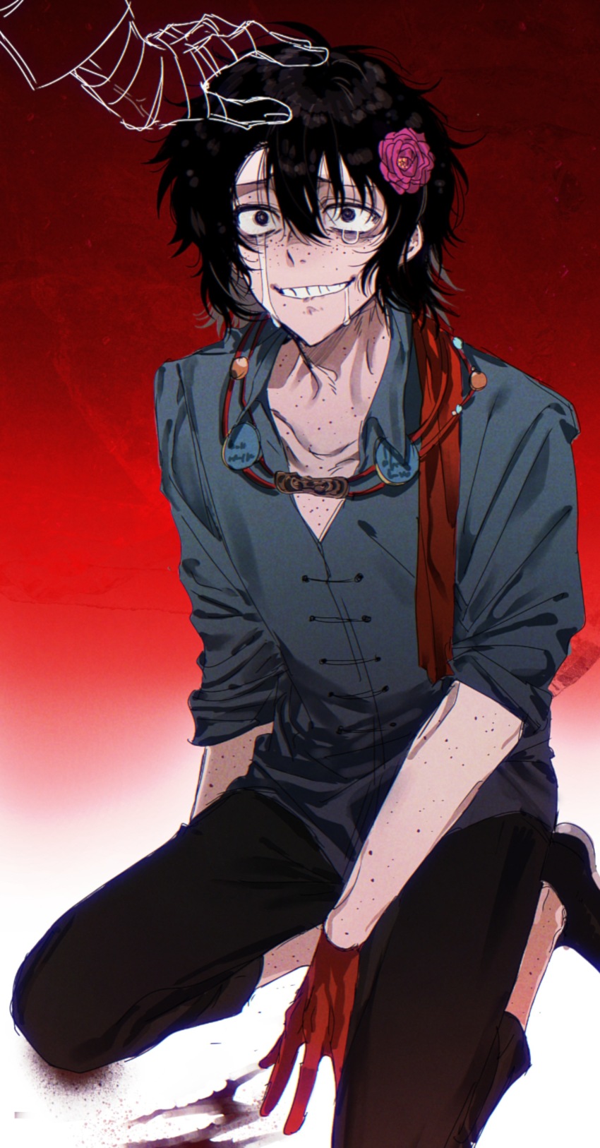 2boys absurdres black_eyes black_hair black_pants black_shoes blood body_freckles chinese_commentary collarbone collared_shirt commentary_request constricted_pupils crying crying_with_eyes_open film_grain flower freckles fu_shun_(touqi_guaitan) gloves grey_shirt grin hair_between_eyes hair_flower hair_ornament hand_on_another&#039;s_head highres kneeling male_focus multiple_boys open_collar pants pink_flower red_background red_gloves shirt shoes sleeves_rolled_up smile solo_focus tama_ni_wa_nakasete_yo tears touqi_guaitan variant_set ziche_fuzhao