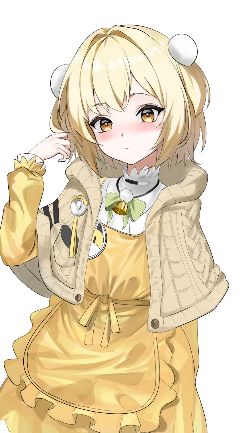 1girl absurdres blonde_hair closed_mouth dress flower frills goddess_of_victory:_nikke hair_ornament highres kopepan_(kopepann11) liter_(cute_sunflower)_(nikke) liter_(nikke) long_sleeves looking_at_viewer pom_pom_(clothes) pom_pom_hair_ornament short_hair smile yellow_dress yellow_eyes
