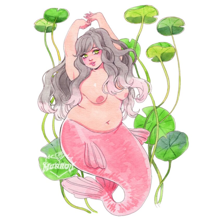 1girl arms_up breasts commentary english_commentary fat full_body gradient_hair green_eyes grey_hair lily_pad long_hair medium_breasts mermaid monster_girl multicolored_hair munrou navel nipples nude original parted_lips pink_hair pink_lips solo thick_arms