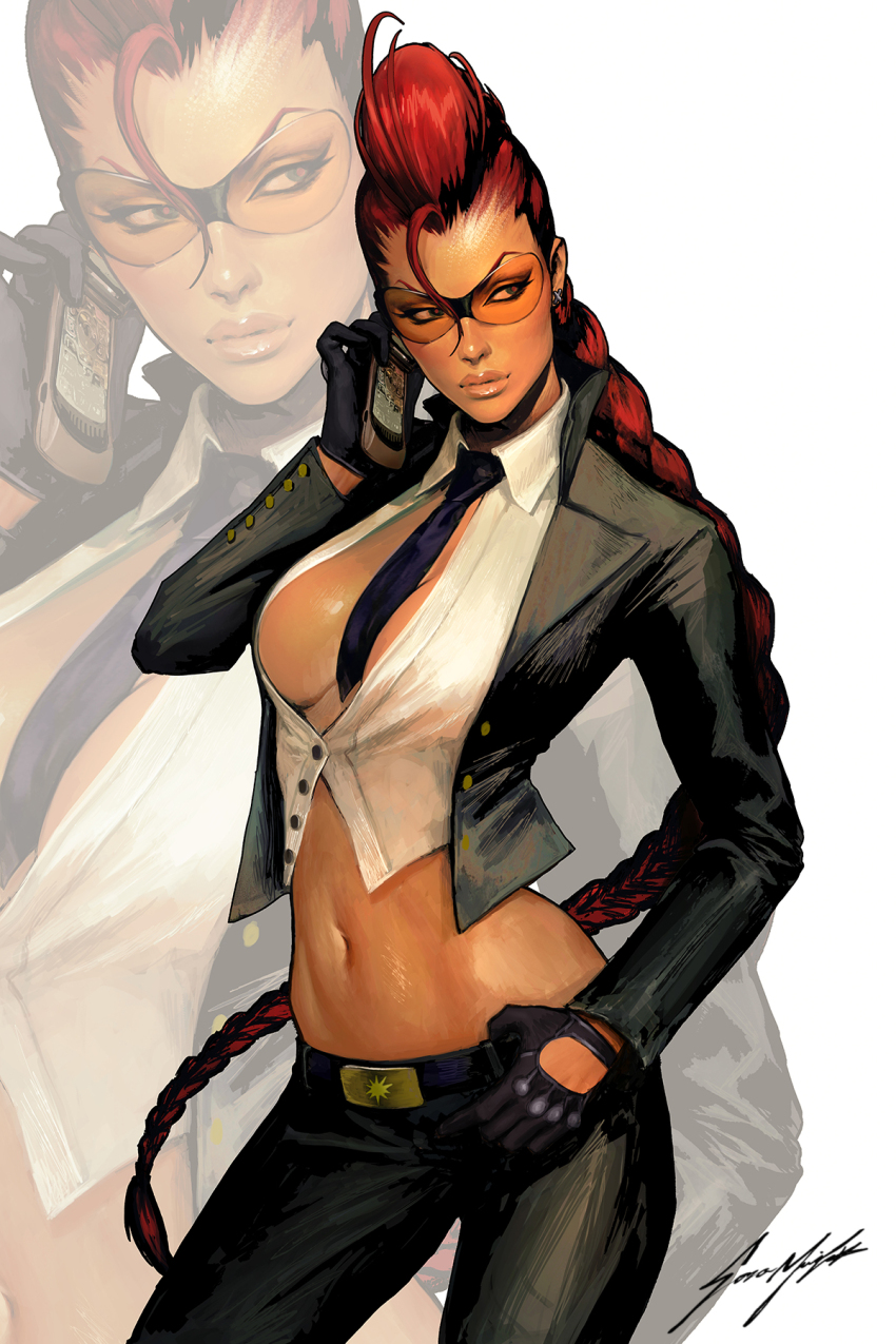 1girl artist_name between_breasts black_pants black_suit braid breasts cellphone cleavage collared_shirt commentary crimson_viper crop_top dark-skinned_female dark_skin double-parted_hair english_commentary flip_phone formal_clothes hand_to_head hand_up highres holding holding_phone jacket large_breasts lips long_hair looking_to_the_side loose_hair_strand navel necktie necktie_between_breasts office_siren orange-tinted_eyewear pant_suit pants partially_unbuttoned phone pompadour red_hair shirt signature single_braid solo sozomaika street_fighter street_fighter_iv_(series) suit sunglasses tinted_eyewear undercut white_shirt yellow-tinted_eyewear