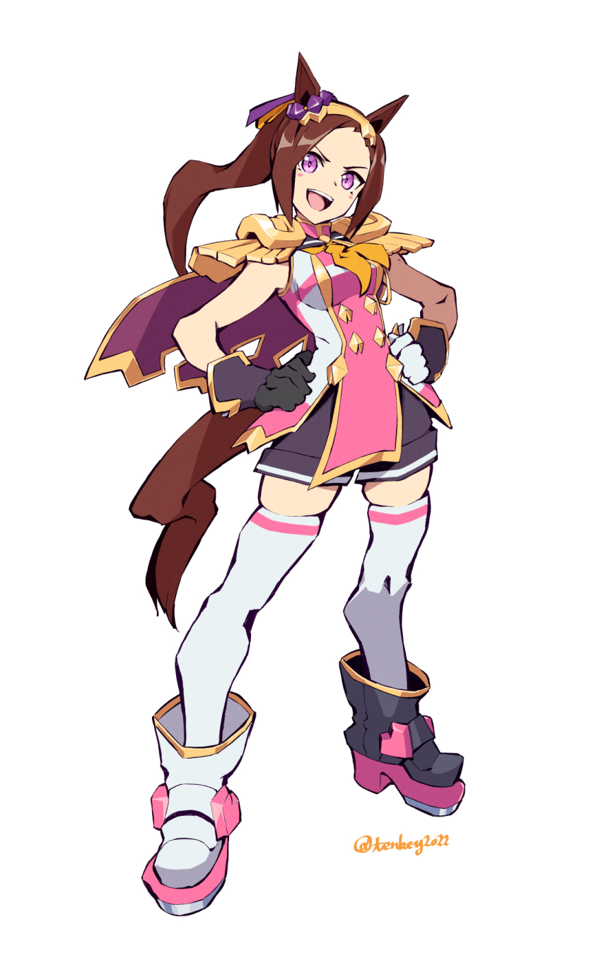 1girl :d animal_ears asymmetrical_gloves black_gloves brown_hair commentary_request epaulettes full_body gloves highres horse_ears horse_girl horse_tail long_hair mismatched_gloves open_mouth pink_eyes sakura_bakushin_o_(umamusume) simple_background smile solo standing tail tenkey2022 thighhighs umamusume white_background white_gloves white_thighhighs