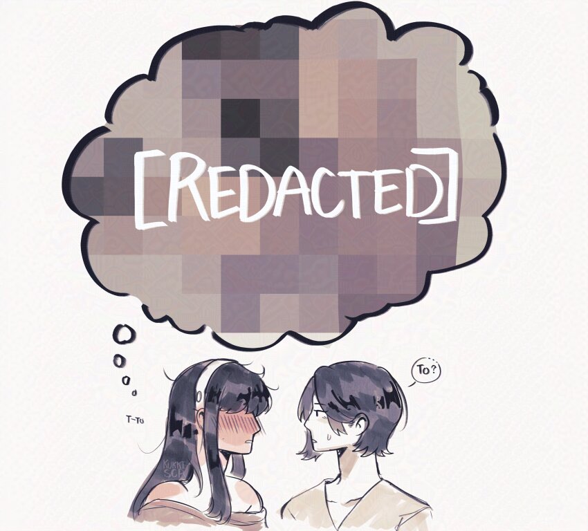 2girls absurdres ada_wong black_hair blush breasts commentary crossover dress earrings english_commentary english_text hair_behind_ear highres jewelry khessamaya long_hair medium_breasts multiple_girls resident_evil resident_evil_4 resident_evil_4_(remake) short_hair sidelocks speech_bubble spy_x_family sweater turtleneck yor_briar yuri