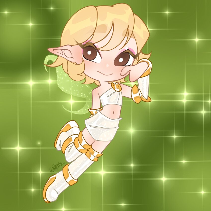 1girl arm_behind_back asymmetrical_shirt bare_shoulders blonde_hair boots bracelet bright_pupils brown_eyes chibi closed_mouth colored_eyelashes commentary crop_top english_commentary eyeshadow fairy fairy_wings glitter gold_anklet gold_armlet gold_bracelet green_background green_wings hand_on_own_cheek hand_on_own_face happy highres jewelry leg_up light_blush looking_at_viewer magical_girl makeup midriff miniskirt navel original pink_eyeshadow pointy_ears raised_eyebrows shirt short_hair signature single_strap skirt skirt_set sleeveless sleeveless_shirt smile solo sparkle swept_bangs thick_eyebrows thigh_boots white_arm_warmers white_boots white_pupils white_shirt white_skirt wikate wings winx_club