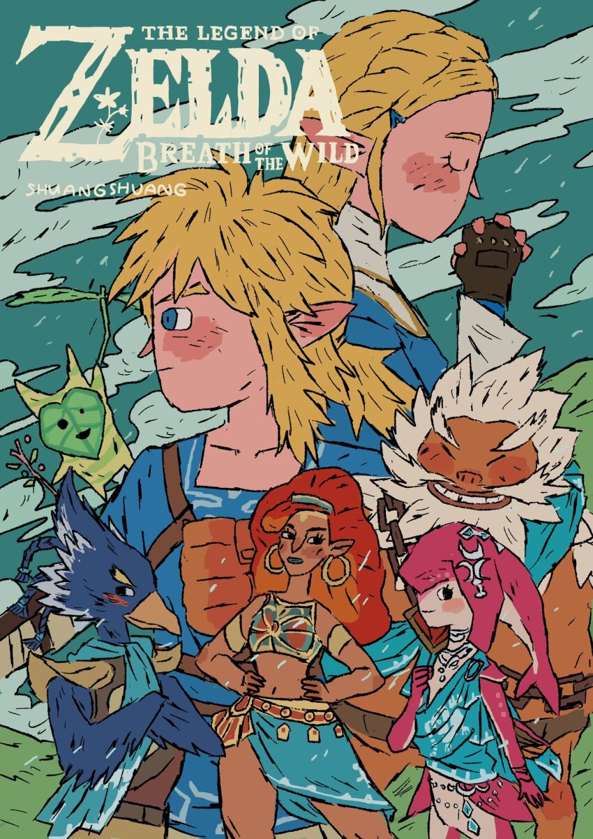 3boys 3girls artist_name bird blonde_hair dark_skin daruk earrings fins highres jewelry korok link logo mipha multiple_boys multiple_girls nintendo pointy_ears princess_zelda revali shuangshuanghao the_legend_of_zelda the_legend_of_zelda:_breath_of_the_wild urbosa