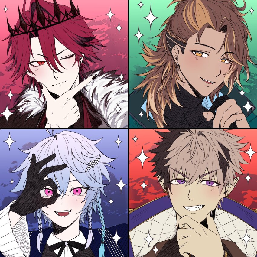 4boys black_border black_gloves black_nails blue_background blue_hair border braid brown_hair clenched_teeth collared_shirt compression_shirt crimzon_ruze crown dark-skinned_male dark_skin ear_piercing earrings fangs finger_gun frilled_sleeves frills gloves goldbullet green_background grin hair_ornament hairclip half_up_braid high_collar highres holoarmis holostars holostars_english jewelry jurard_t_rexford light_blush long_hair male_focus multicolored_hair multiple_boys multiple_braids nail_polish octavio ok_sign ok_sign_over_eye one_eye_closed open_mouth parted_bangs piercing pink_eyes pointy_ears ponytail portrait purple_eyes red_background red_eyes red_hair saaki_haruno shirt short_hair single_hair_intake smile sparkle teeth thinking tri_braids two-tone_hair virtual_youtuber yellow_eyes