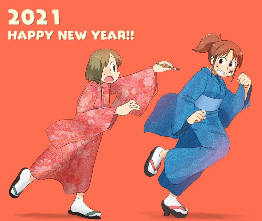 2021 2girls ayumu_niikura blonde_hair blue_kimono brown_eyes brown_hair city_(arawi_keiichi) clenched_hands facial_mark floral_print floral_print_kimono happy_new_year highres holding holding_brush japanese_clothes kimono looking_at_another multiple_girls nagumo_midori new_year open_mouth orange_background ponytail print_kimono readybug red_kimono running sandals short_ponytail sidelocks simple_background small_sweatdrop smile socks teeth white_socks x x_facial_mark