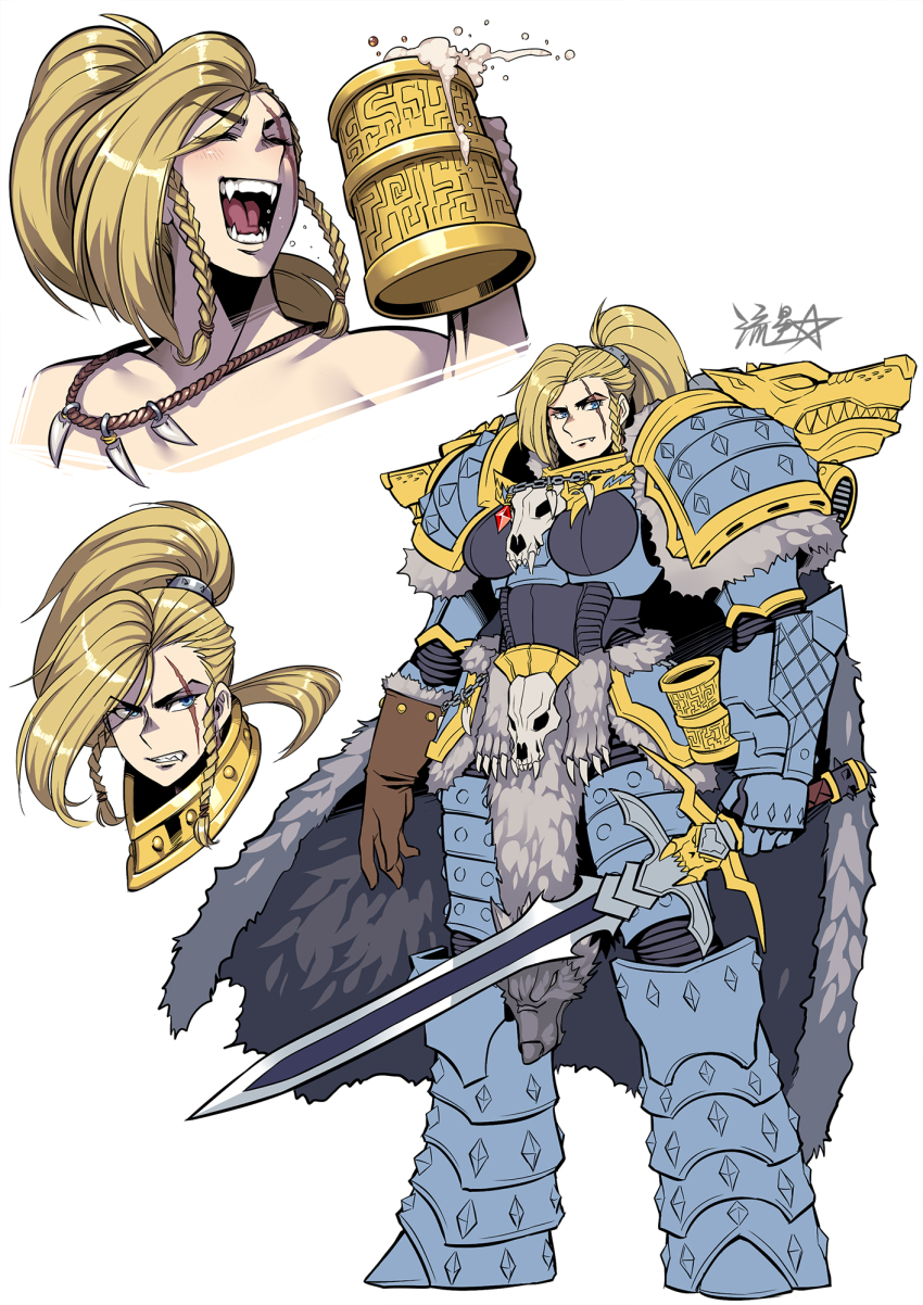 1girl :d adeptus_astartes animal_skull armor beer_mug blonde_hair blue_eyes blush boobplate braid breastplate cape clenched_teeth closed_mouth cup fang fang_out fangs fur_cape gauntlets genderswap genderswap_(mtf) greaves highres holding holding_cup holding_sword holding_weapon jewelry leman_russ long_hair looking_at_viewer mug multiple_views necklace open_mouth pauldrons pelt pelvic_curtain ponytail ryuusei_(mark_ii) scar scar_across_eye scar_on_face shoulder_armor shoulder_spikes side_braids signature simple_background smile space_wolves spikes sword tankard teeth tooth_necklace warhammer_40k weapon white_background