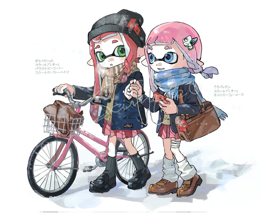 2girls asymmetrical_hair bag bag_charm bandaged_leg bandages beanie bicycle bicycle_basket black_footwear black_hat black_socks blazer blue_eyes blue_hair blue_jacket blue_scarf braid breath brown_bag brown_footwear brown_scarf brown_sweater_vest charm_(object) commentary earbuds earphones eyebrow_cut full_body green_eyes grin hair_ornament hair_tie hairclip hat highres holding holding_phone inkling inkling_girl inkling_player_character jacket loafers long_hair long_sleeves looking_at_another miko_(15476997) multicolored_hair multiple_girls nintendo open_clothes open_jacket parted_lips phone pink_hair pink_skirt pleated_skirt pointy_ears pushing_bicycle red_hair sample_watermark scarf school_uniform shoes shoulder_bag simple_background single_braid single_earphone_removed skirt smile socks splatoon_(series) standing striped_clothes striped_scarf sweater_vest symbol-only_commentary tentacle_hair translation_request two-tone_hair watermark white_background white_socks