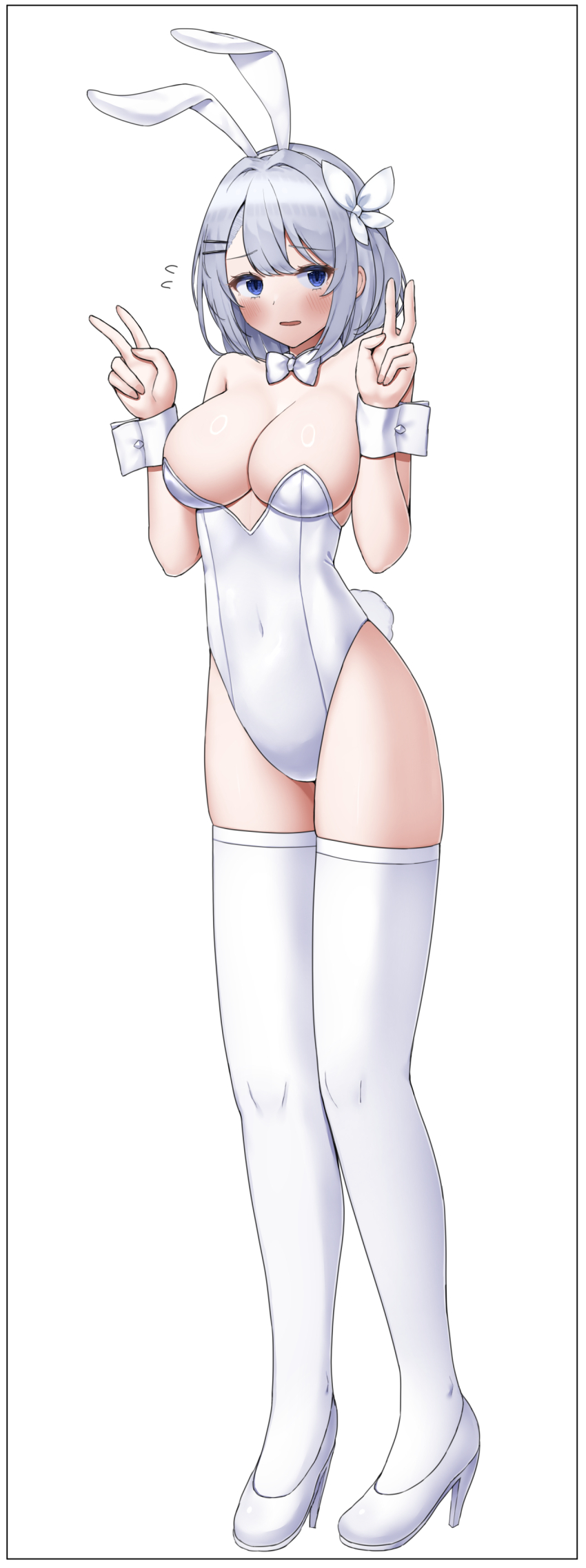 absurdres animal_ear_hairband animal_ears blue_eyes bow bowtie breasts detached_collar double_v fake_animal_ears flower flying_sweatdrops full_body grey_hair hair_flower hair_ornament hairband high_heels highres hikikomari_kyuuketsuki_no_monmon large_breasts leotard looking_at_viewer playboy_bunny rabbit_ears rabbit_tail sakuna_memoire short_hair simple_background strapless strapless_leotard tail thighhighs user_tyad4272 v white_background white_bow white_bowtie white_footwear white_leotard white_thighhighs wrist_cuffs