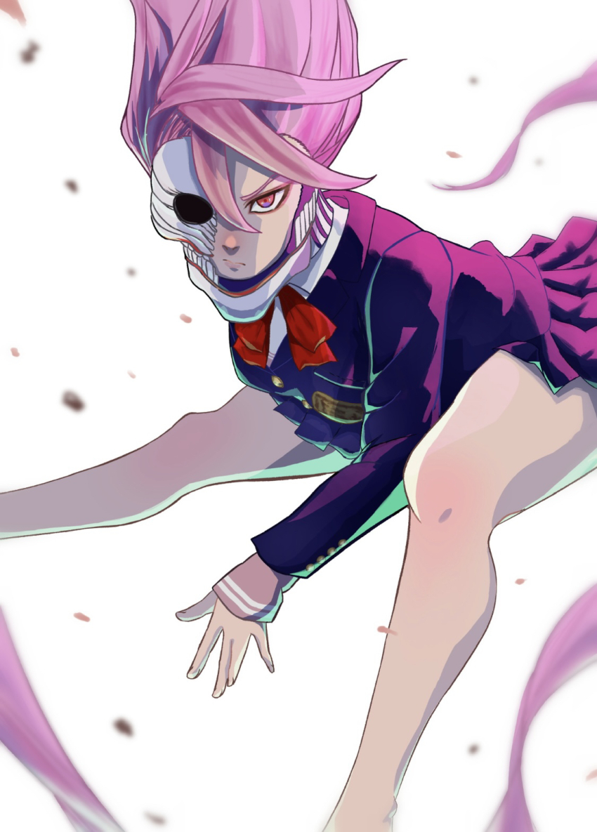 1girl acrobatic_silky_(dandadan) dandadan hair_between_eyes highres long_hair long_sleeves pink_hair pleated_skirt ryuw-ya school_uniform shiratori_aira_(dandadan) skirt solo