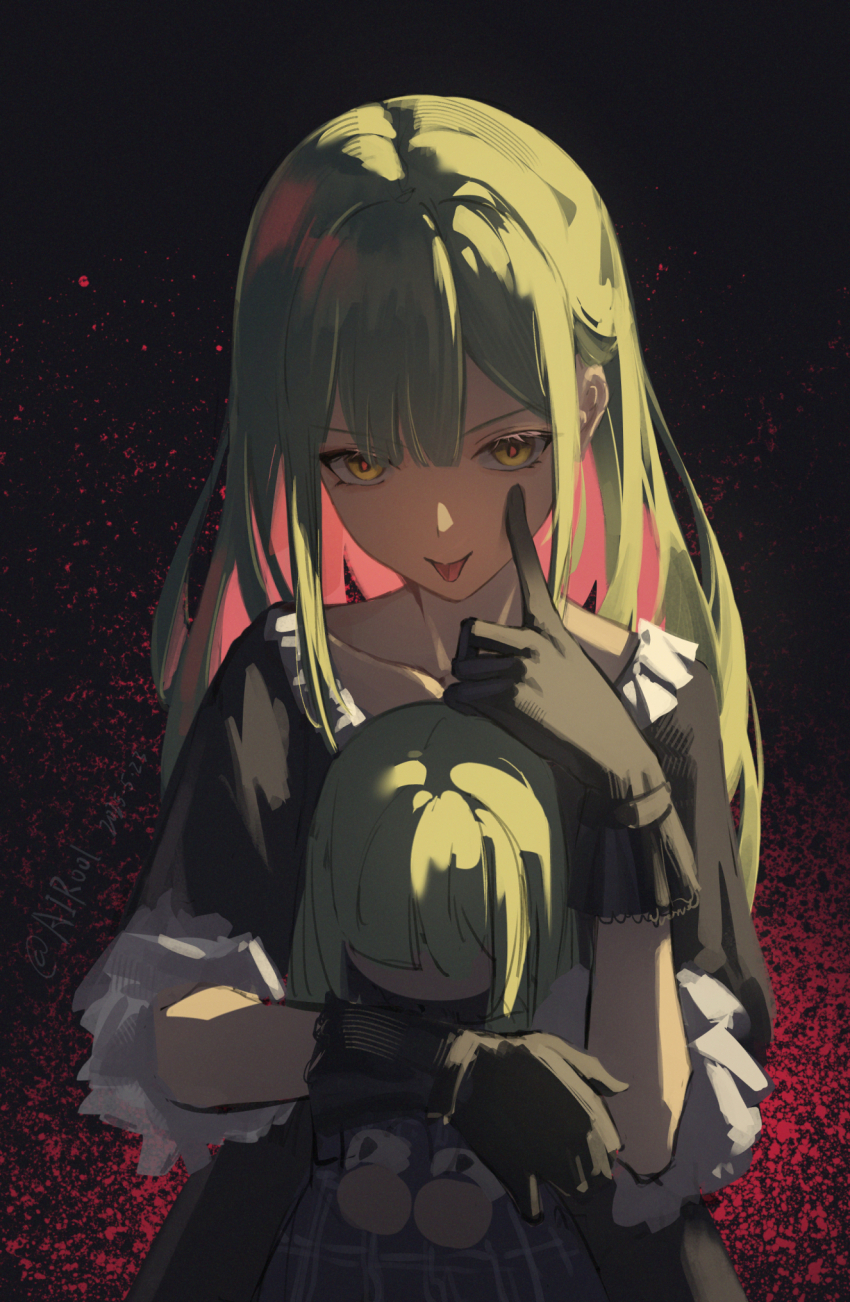 1girl :p airool akanbe bang_dream! bang_dream!_it&#039;s_mygo!!!!! black_background black_dress black_gloves blunt_bangs character_doll chinese_commentary collarbone colored_inner_hair commentary_request dated doll dress eyelid_pull frilled_dress frills gloves green_hair hand_up highres holding holding_doll hugging_doll hugging_object index_finger_raised long_hair looking_at_viewer mortis_(bang_dream!) mortis_(persona)_(bang_dream!) multicolored_hair pink_hair red_background short_sleeves sidelighting sidelocks straight-on tongue tongue_out two-tone_background two-tone_hair upper_body v-shaped_eyebrows wakaba_mutsumi wakaba_mutsumi_(doll) weibo_username yellow_eyes