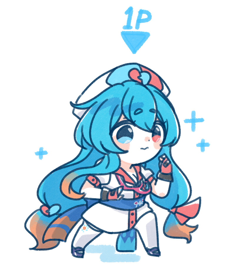 1girl :&gt; amehare_hau belt blue_belt blue_eyes blue_hair blush breasts chibi cleavage colored_tips commentary_request dress fighting_stance fingerless_gloves fu-ren gloves hair_ornament hat heart heart_hair_ornament heterochromia highres long_hair looking_ahead low-tied_long_hair multicolored_hair nurse_cap orange_hair puffy_short_sleeves puffy_sleeves raised_eyebrows red_eyes red_gloves short_dress short_eyebrows short_sleeves sidelocks simple_background solo sparkle thighhighs very_long_hair voicevox white_background white_dress white_thighhighs