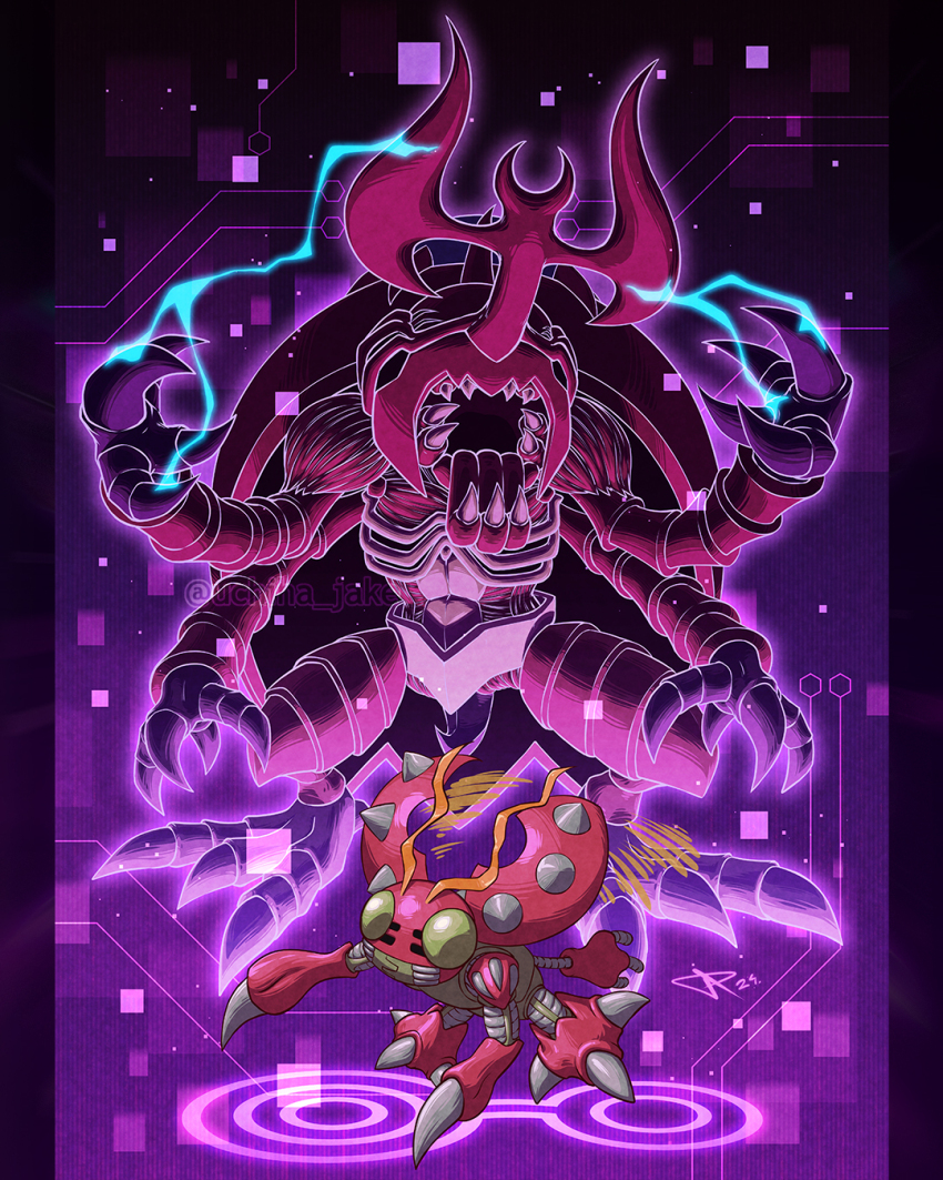atlurkabuterimon bug compound_eyes digimon digimon_(creature) digimon_adventure electricity evolutionary_line extra_arms full_body green_eyes highres horns insect_wings looking_at_viewer no_humans purple_background red_wings single_horn tentomon uchiha_jake wings