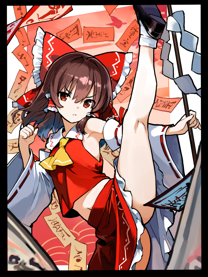 1girl armpits asakura_maru ascot bare_shoulders black_border black_shoes border bow brown_hair clenched_hand closed_mouth collared_shirt commentary_request crop_top detached_sleeves flexible frilled_bow frilled_hair_tubes frilled_skirt frills gohei hair_bow hair_tubes hakurei_reimu high_kick highres holding holding_gohei kicking kneepits long_hair looking_at_viewer medium_hair midriff navel nontraditional_miko ofuda partial_commentary red_bow red_eyes red_ribbon red_skirt ribbon ribbon-trimmed_sleeves ribbon_trim shide shirt shoes skirt skirt_set sleeveless sleeveless_shirt socks solo touhou v-shaped_eyebrows white_sleeves white_socks yellow_ascot