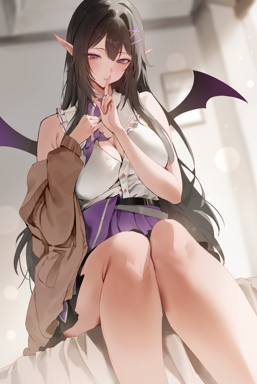 1girl absurdres bare_shoulders black_hair blush breasts cleavage commentary commission demon_wings english_commentary feet_out_of_frame finger_to_mouth hair_ornament hairclip highres long_hair looking_at_viewer making-of_available original parted_lips pixiv_commission pointy_ears purple_eyes purple_skirt purple_wings rororo shirt shirt_tucked_in shushing sitting skirt solo white_shirt wings