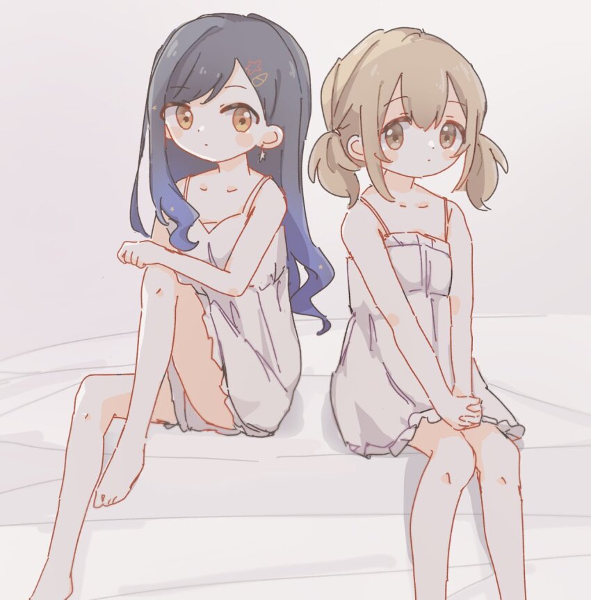 2girls azusawa_kohane bare_arms bare_legs bare_shoulders barefoot black_hair blue_hair blush_stickers closed_mouth collarbone commentary_request dot_mouth dot_nose double-parted_bangs dress feet_out_of_frame foot_out_of_frame frilled_dress frills gradient_hair hair_ornament hair_over_shoulder hairclip highres leg_up light_brown_hair long_hair looking_at_another looking_to_the_side low_twintails multicolored_hair multiple_girls orange_eyes own_hands_together paperclip_hair_ornament project_sekai shiraishi_an short_hair sideways_glance simple_background sitting sleeveless sleeveless_dress spaghetti_strap star_(symbol) star_hair_ornament swept_bangs tareme tsuchiyoko_(hamu_prsk) twintails v_arms wavy_hair white_background white_dress