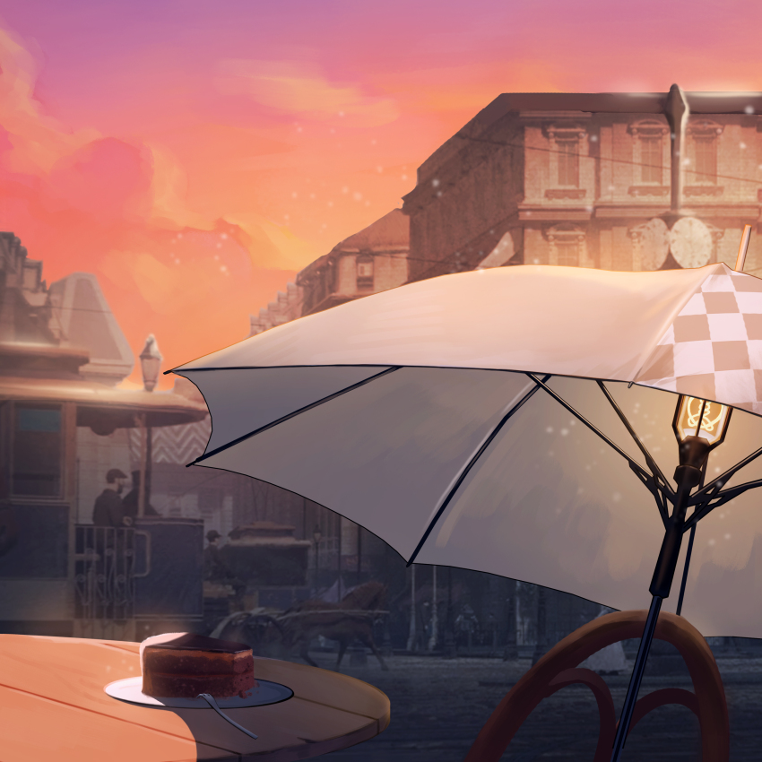 absurdres building cake cake_slice carriage chair changi_16 equilibrium_umbrella evening food gradient_sky grey_umbrella highres hofmann_knot horse light_bulb object_focus outdoors people plate red_sky reverse:1999 round_table sachertorte_(food) sky streetcar table umbrella