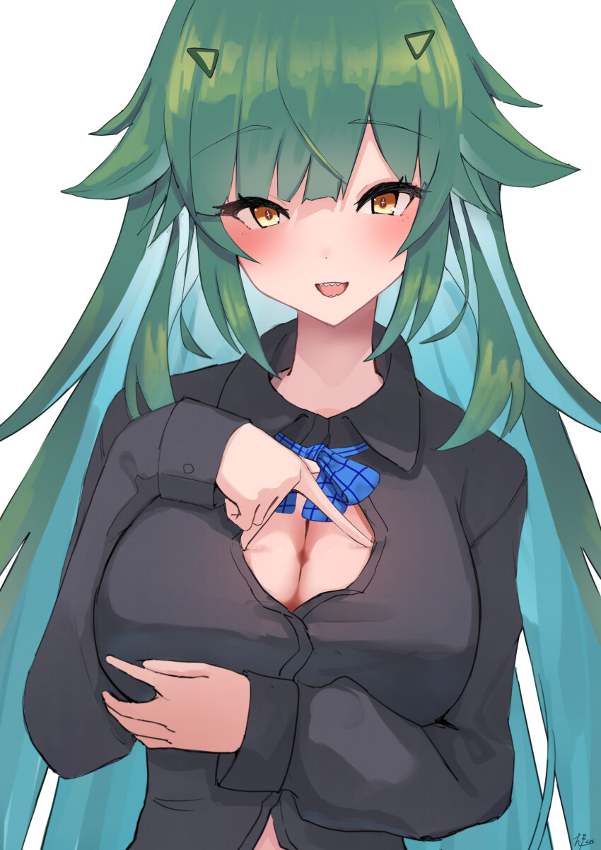 1girl absurdres arm_under_breasts black_shirt blue_hair breasts cleavage collared_shirt colored_inner_hair cross-shaped_pupils dress_shirt green_hair hair_flaps headgear highres hlsn_dglaq3g kitakoji_hisui kitakoji_hisui_(1st_costume) large_breasts long_hair long_sleeves looking_at_viewer multicolored_hair nijisanji official_alternate_hairstyle open_clothes open_mouth open_shirt paizuri_invitation sharp_teeth shirt simple_background solo spread_cleavage symbol-shaped_pupils teeth very_long_hair virtual_youtuber white_background wing_collar yellow_eyes