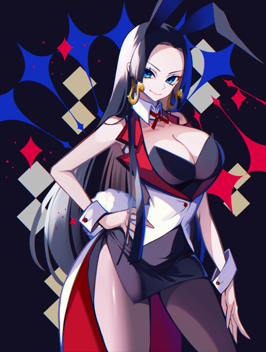 1girl absurdres alternate_costume animal_ears black_hair blue_eyes boa_hancock breasts cleavage crazy_otama earrings fake_animal_ears hand_on_own_hip highres hostess jewelry large_breasts long_hair looking_at_viewer nontraditional_playboy_bunny one_piece smile snake_earrings solo very_long_hair wrist_cuffs