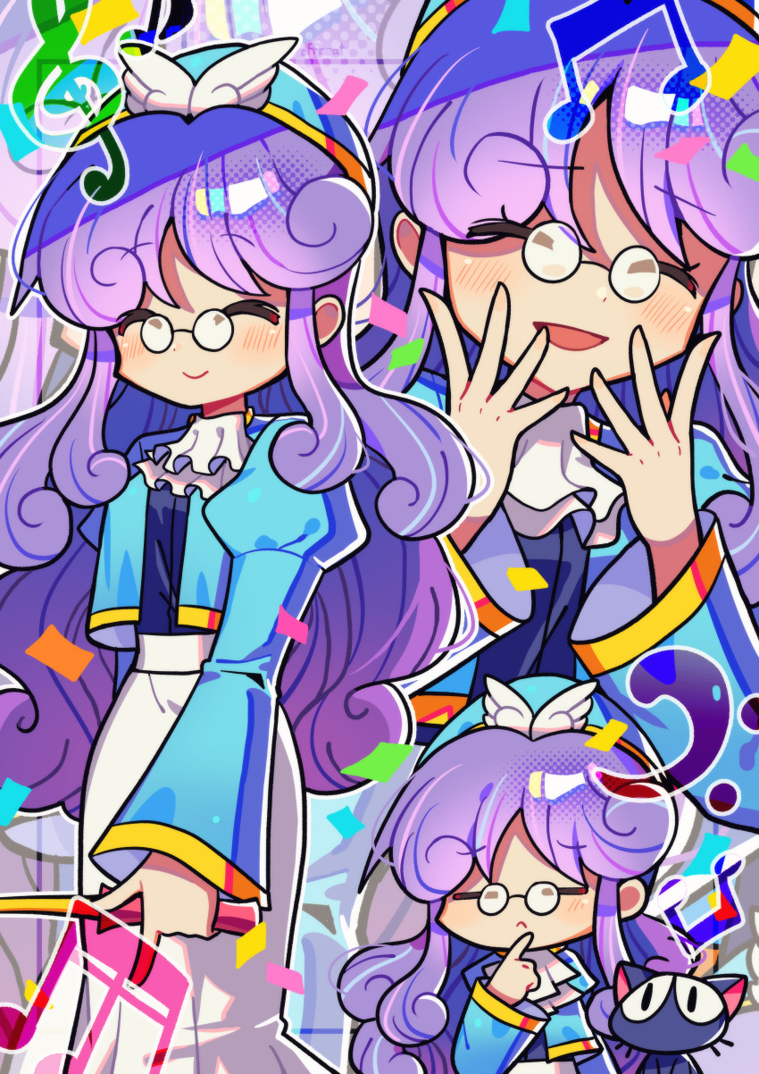 1girl absurdres accord_sensei bass_clef beamed_eighth_notes black-framed_eyewear blue_hat blue_jacket blue_shirt blush cat closed_eyes confetti curly_bangs curly_hair finger_to_mouth frilled_shirt frills glasses hat highres holding holding_wand jacket juliet_sleeves long_hair long_skirt long_sleeves multiple_views musical_note offbeat open_mouth pince-nez popoi_(puyopuyo) puffy_sleeves purple_hair puyopuyo round_eyewear shirt skirt smile treble_clef wand white_skirt wing_hat_ornament