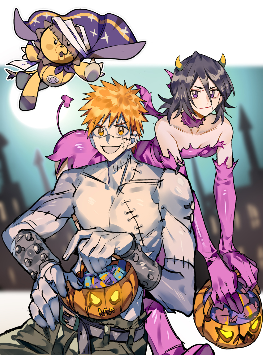 1boy 1girl absurdres bandages bear black_hair bleach bleach:_brave_souls candy cape dress elbow_gloves fake_wings food gloves hair_between_eyes highres horns kon_(bleach) kuchiki_rukia kurosaki_ichigo official_alternate_costume orange_eyes orange_hair pumpkin purple_eyes purple_gloves smile spiked_hair stitched_face stitches strapless strapless_dress tail wings xi_luo_an_ya