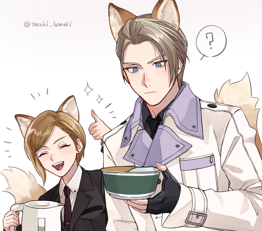 1boy 1girl ? animal_ears black_gloves black_jacket black_necktie blonde_hair blue_eyes bowl closed_eyes coat collared_shirt elena_(ff7) final_fantasy final_fantasy_vii final_fantasy_vii_rebirth final_fantasy_vii_remake fingerless_gloves fox_boy fox_ears fox_girl fox_tail gloves grey_shirt highres holding holding_bowl holding_kettle jacket kemonomimi_mode kettle light_blush long_sleeves maki_haruki necktie nissin nissin_donbei open_mouth parted_bangs rufus_shinra shirt short_hair smile sparkle spoken_question_mark suit_jacket swept_bangs tail thumbs_up twitter_username white_coat white_shirt