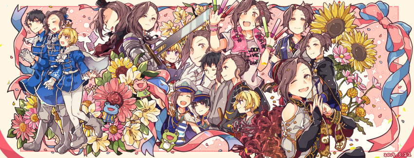 3boys beit_(idolmaster) birthday black_hair blonde_hair blue_eyes blush bridal_gauntlets brown_eyes brown_hair chinese_clothes crown dated flower gloves glowstick green_eyes heterochromia holding holding_glowstick holding_hands holding_sword holding_weapon idolmaster idolmaster_side-m japanese_clothes long_hair male_focus mini_crown multiple_boys multiple_views nk_nemumi official_alternate_costume official_alternate_hairstyle penlight_(glowstick) pierre_bichelberger purple_eyes short_hair sunflower sword takajo_kyoji towel towel_around_neck watanabe_minori weapon white_gloves