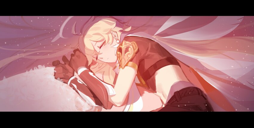 1boy aether_(genshin_impact) ahoge alternate_hairstyle armor belt black_border blonde_hair border brown_belt brown_gloves brown_pants brown_shirt closed_eyes closed_mouth detached_wings earrings gauntlets genshin_impact gloves hair_between_eyes highres jewelry long_hair lying male_focus midriff on_side pants shadow shirt short_sleeves shoulder_armor single_earring sleeping solo transparent_wings ventuspluma wings