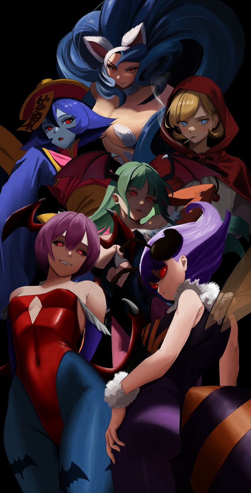 6+girls abdomen_tail absurdres animal_hands animal_print antennae arthropod_girl b.b._hood bat_print bee_girl big_hair black_background black_leotard blonde_hair blue_hair blue_pantyhose blue_skin blunt_bangs breasts capcom cat_girl cat_paws clothing_cutout colored_skin darkstalkers diamond_cutout felicia_(darkstalkers) flipped_hair green_hair hat head_wings heart_cutout highres hsien-ko hyakka_(momokashinryu14) insect_girl insect_wings leotard lilith_(darkstalkers) looking_at_viewer medium_breasts monster_girl morrigan_aensland multiple_girls pantyhose parted_lips pointing print_pantyhose purple_hair purple_pantyhose q-bee qingdai_guanmao red_eyes red_leotard red_wings small_breasts smile strapless strapless_leotard teeth white_fur wings