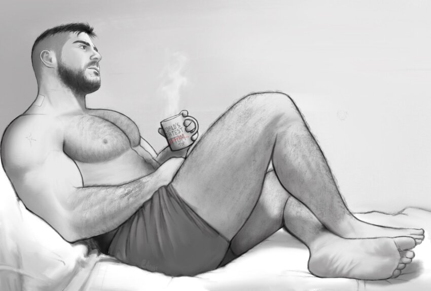 1boy bara beard top/bottom_dynamic_annotated bruh_(a_n_v_t_s) call_of_duty call_of_duty:_modern_warfare_2 cup facial_hair from_side full_beard full_body greyscale hairy highres holding holding_cup large_pectorals male_focus mature_male monochrome muscular muscular_male nipples pectorals profile realistic short_hair soap_(modern_warfare_2) solo steam top/bottom_dynamic_annotated topless_male undercut