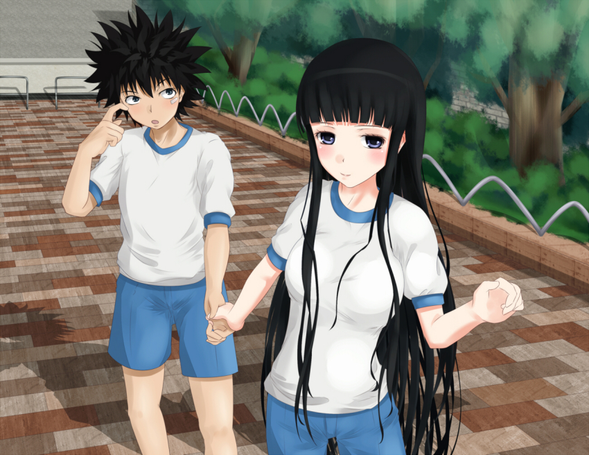 1boy 1girl a_certain_high_school_gym_uniform black_hair blue_eyes blue_shorts breasts brick_road closed_mouth commentary_request day feet_out_of_frame gym_shirt gym_shorts gym_uniform hand_up hime_cut himegami_aisa holding_hands kamijou_touma light_blush long_hair medium_breasts open_mouth outdoors shadow shin_(highest1192) shirt short_hair short_shorts short_sleeves shorts smile spiked_hair standing toaru_majutsu_no_index tree very_long_hair white_shirt