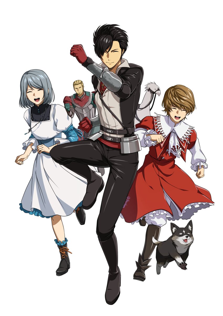 1girl 4boys absurdres armor ascot black_footwear black_hair black_jacket black_pantyhose blonde_hair bob_cut boots breastplate clenched_hands clive_rosfield closed_eyes coat collared_shirt dress final_fantasy final_fantasy_xvi full_body gloves grey_hair hair_between_eyes hair_slicked_back highres igusaharu jacket jill_warrick joshua_rosfield juliet_sleeves light_smile long_sleeves multiple_boys open_mouth pants pantyhose puffy_sleeves red_coat red_gloves rodney_murdoch running shirt short_hair smile torgal_(ff16) white_ascot white_background white_dress white_pants white_shirt wolf