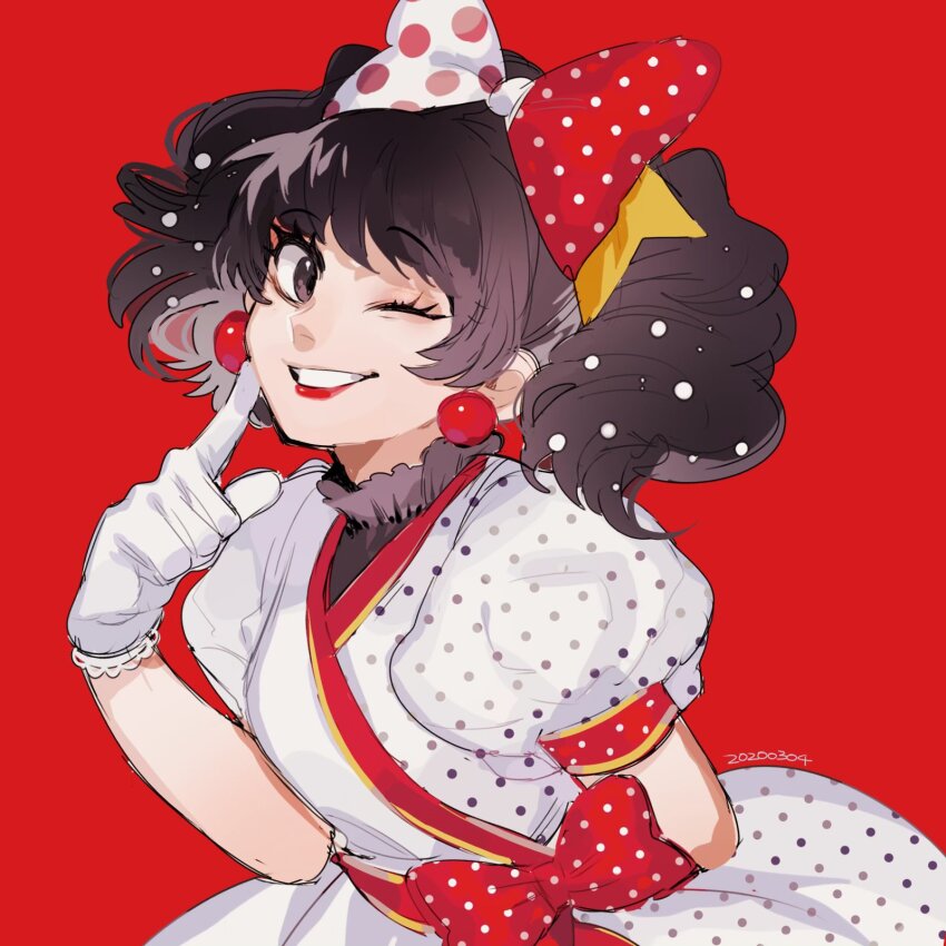 1girl bow brown_eyes brown_hair dress highres humanization looking_at_viewer mickey_mouse_&amp;_friends minnie_mouse moov_(mb_52) polka_dot polka_dot_bow puffy_sleeves short_hair simple_background smile solo twintails