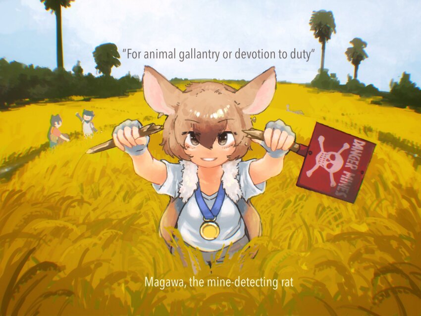 3girls animal_ears arms_up breaking brown_hair bruise bruised_eye cowboy_shot day english_text fingerless_gloves fisheye fur_collar gambian_rat_(kemono_friends) gloves grass grin hair_between_eyes highres holding holding_sign injury kemono_friends looking_at_viewer medal medium_hair mouse_ears multicolored_hair multiple_girls open_clothes open_vest outdoors pants shirt short_sleeves sign smile solo_focus toki_reatle vest warning_sign white_shirt