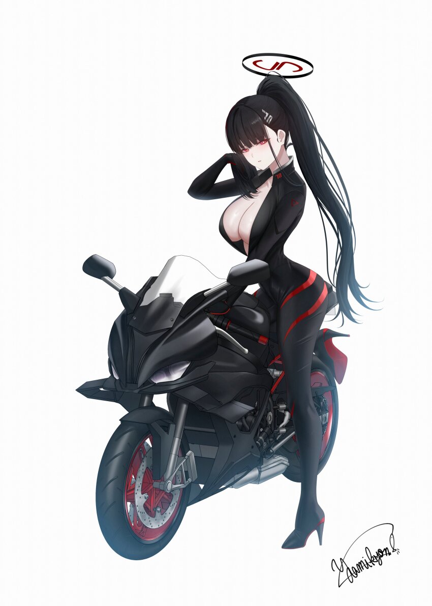 1girl absurdres black_bodysuit blue_archive blunt_bangs blush bodysuit breasts bright_pupils closed_mouth commentary full_body hair_ornament hairclip halo hand_up high_heels highres large_breasts long_hair looking_at_viewer motor_vehicle motorcycle official_alternate_costume ponytail red_eyes rio_(blue_archive) rio_(bodysuit)_(blue_archive) signature simple_background solo white_background white_pupils yamikyon